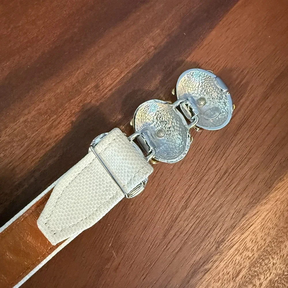 Vtg Alexis Kirk Snakeskin Leather Belt White Mixed Metal 